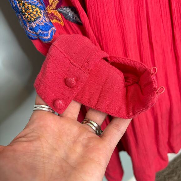 Free People Mia Red Floral Embroidered Gauze Long Sleeve Mini Swing Dress S - Picture 11 of 11